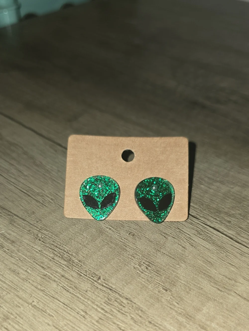 Green Glitter Alien Stud Earrings - Women Accessories